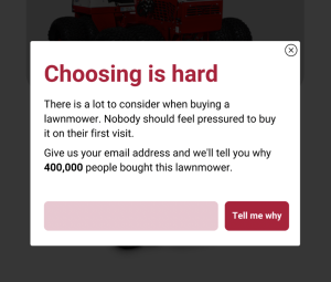 A pop-up banner on a lawnmower e-commerce site asking shpppers to sign up.