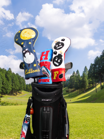 A gold bag with no shanks accessories sitting on a green.