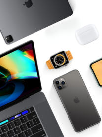 iphone, apple watch, ipad and mac book on white table