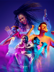 A collage of people with a multicolour front and backdrop