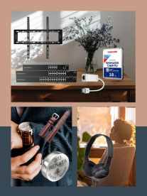 Collage of images including headphones, a watch and home electronics