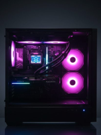 Black gaming PC tower with a transparent side panel, glowing pink and purple RGB fans and internal components.