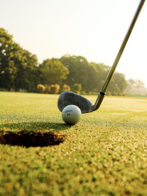 A close up of a golf ball and golf putter from The Pro Shop