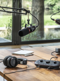 A voice podcast setup on a table.